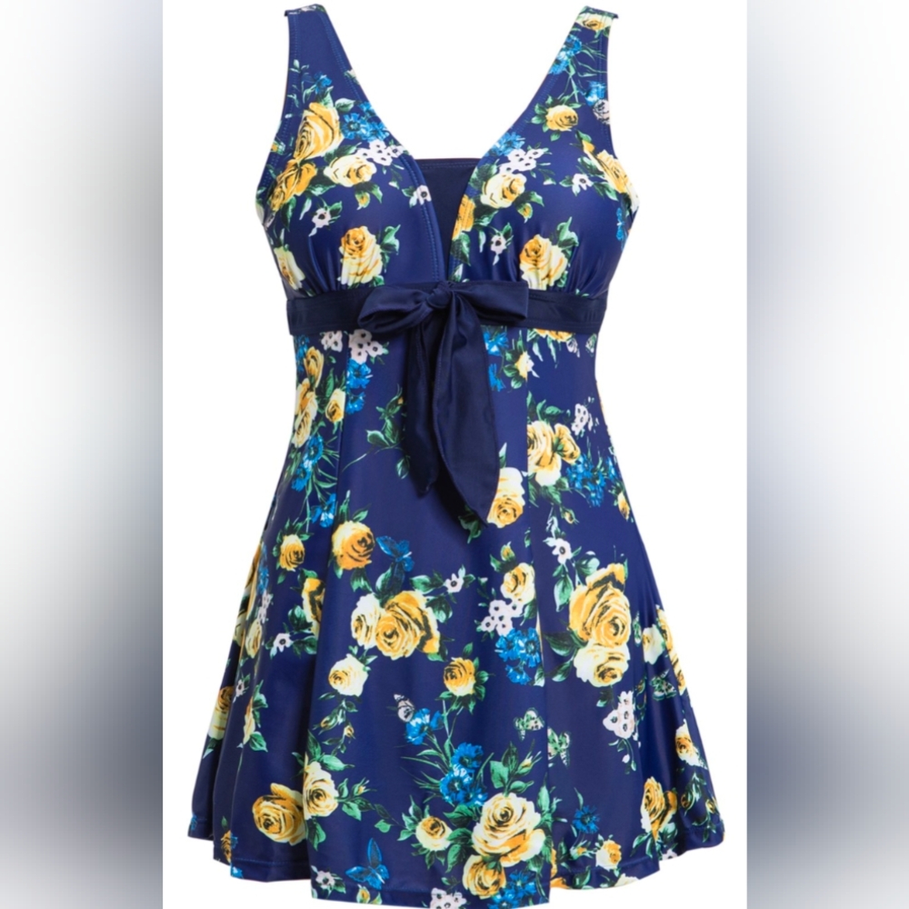 XL Dark Blue Floral One Piece Bathing Suit
